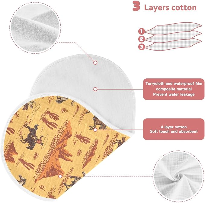 Muslin Burp Cloths for Baby Boys and Girls - 2-Pack Ultra Absorbent Western Desert Cowboy Muslin Washcloths, Newborn Towel, Milk Spit Up Rags, Burp Cloth Bibs for Unisex, 22 x 11 Inch