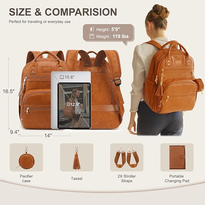 ROSEGIN Premium Vegan Leather Diaper Bag Backpack with Waterproof Changing Pad, Reinforced Zippers & Odor-Free, 20 Pockets Pro Organizer, Fits 15.6" Laptop, Stroller Straps, Baby Bag for Mom, Brown