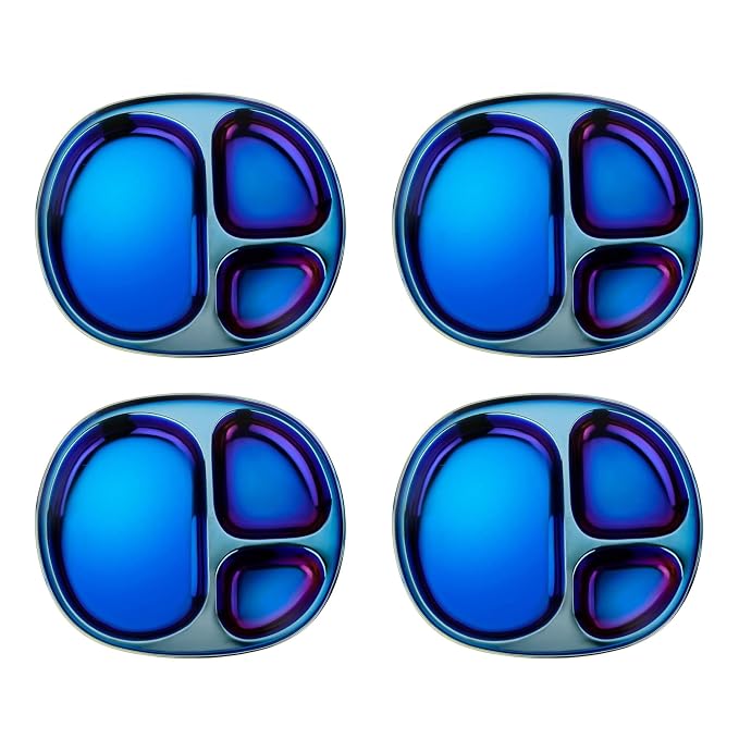Ahimsa Stainless Steel Plates For Kids, Pediatrician Designed Divided Plates for Toddlers & Baby, Non Toxic, Unbreakable & Dishwasher Safe, Iridescent Blue Set of 4