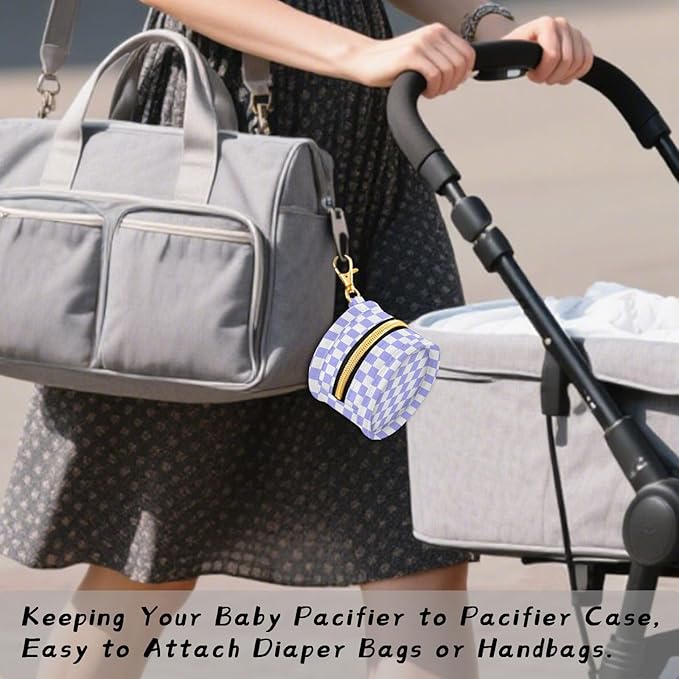 Checkered Plaid White Purple Print Pacifier Holder Case with Metal Clip Portable Pacifiers Pouch for Newborn Baby Girls