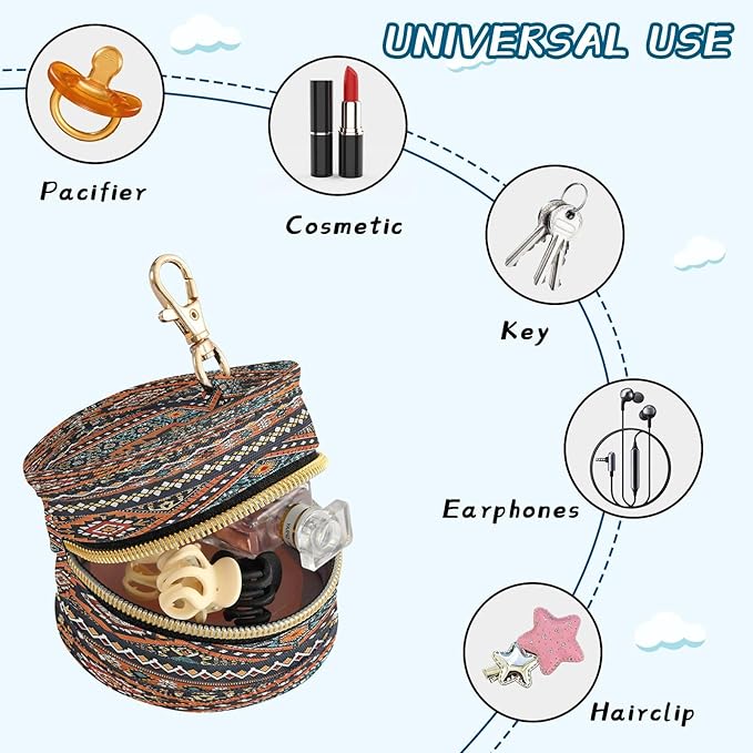 Native Southwest Tribal Pacifier Holder Case with Clip Portable Small Travel Pacifier Pouch for Mom Bag Zipper Coin Purse Pendant