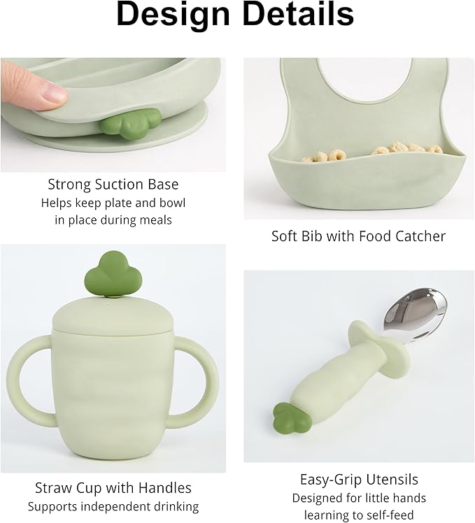 Silicone Baby Feeding Gift Set ??Suction Plate, Bowl, Training Cup, Fork, Spoon & Bib (6-Piece) (Matcha Green)