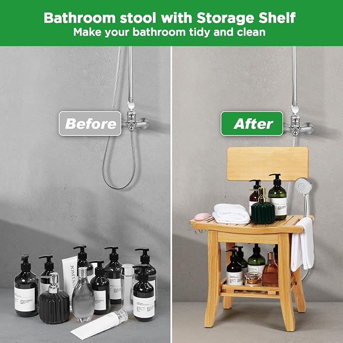 Two-Tier Bamboo Shower Chair for Inside Shower, Waterproof Baby Bath Seat with Storage Shelf, Soap Dish and Shower Head Holder, Shower Stool for Seniors Adults Disabled Pregnant(Natual)