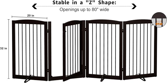 PUPETPO Freestanding Dog Gates with Door Walk Through, 80 inch Wide Gates Indoor, Dog Fences Indoor, Support Feet Included, 4 Panels, 32" Tall, Dark Brown