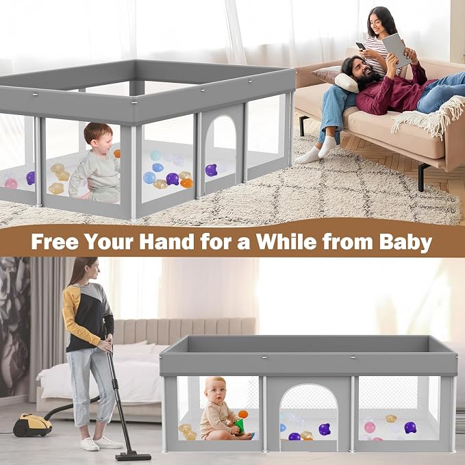Foldable Large Baby Playpen 50"×71", Playard for Babies and Toddlers, Portable Safety Baby Fence Lightweight,No Installation, Indoor & Outdoor Play Yard with Ocean Balls*100, Grey