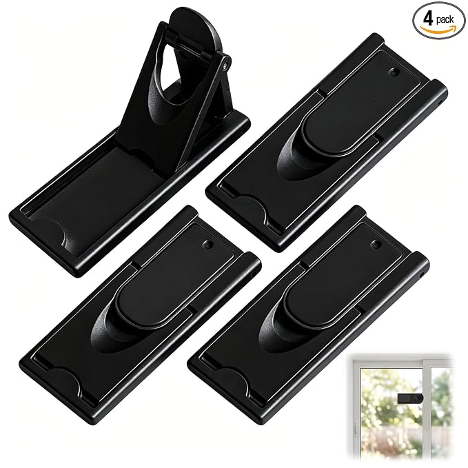 Sliding Door Lock 4 Pack –Black Child Safety Sliding Glass Door Lock, No-Drill Adhesive Lock for Windows, Closets & Patio Doors, Baby Proof Stopper for Home Security