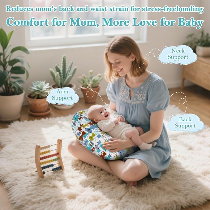 Nursing Pillow - Breastfeeding Pillow with Breathable Filling & Removable Cover, Ergonomic Support for Breastfeeding & Bottle (Blue Cat,0-12 Months)