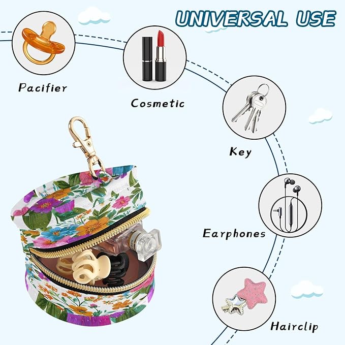 Pacifier Holder with Clip Pacifier Case for Diaper Bag Round Baby Pacifier Pouch Box Bag Portable Colorful Flowers in Spring