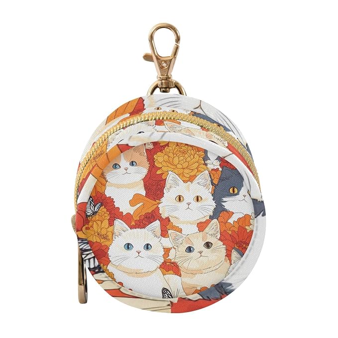 Pacifier Holder with Clip Pacifier Case for Diaper Bag Round Baby Pacifier Pouch Box Bag Portable Orange Chrysanthemum and Cute Cats Butterflies