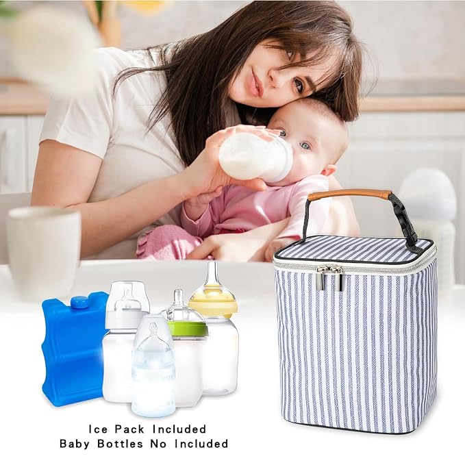 Breast Milk Cooler Bag with Ice Pack Fits 4 Baby Bottles Up to 9 Ounce, Baby Bottle Tote Bag Great for Nursing Mom Daycare
