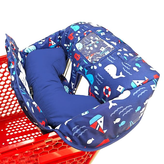 Soft Pillow Attached 2-in-1 Shopping Cart and High Chair Cover for Baby, Cotton Padded Cart Cover, Fold'n Roll Style, Portable with Carry Bag (Navy Blue Whale)