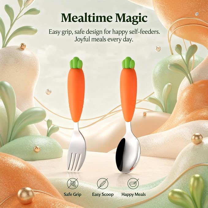 2 Pcs Little One Utensils Set, 304 Stainless Steel Fork and Spoon with Food-Safe Silicone Handle, Carrot Design, Sized for Little One Self-Feeding