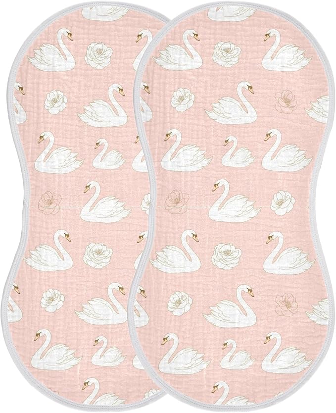 Muslin Burp Cloths Swans Pink Flowers Print Cotton Baby Burp Cloths 2 Pack Ultra Absorbent Soft Thick Burping Cloth for Newborn Baby Boys Girls 22"x11"