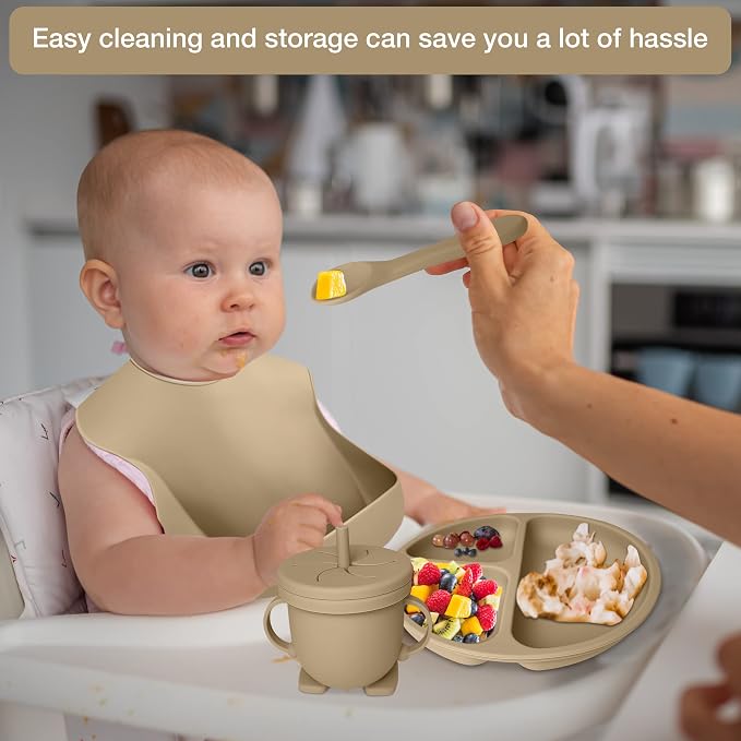 Baby Feeding Set 10-Piece | Baby Led Weaning Utensils Set Includes Suction Bowl and Plate, Baby Spoon and Fork, Sippy Cup, Straw, Lid & 2Bibs | Baby Feeding Supplies (B-Beige)