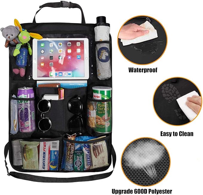 Car Seat Organizer Back Seat with 10" Tablet Holder Adjustable Straps 9 Storage Pockets Kick Mats Car Seat Back Protectors Great Travel Accessories for Kids and Toddlers 2 Pack + 2 Car Headrest Hook
