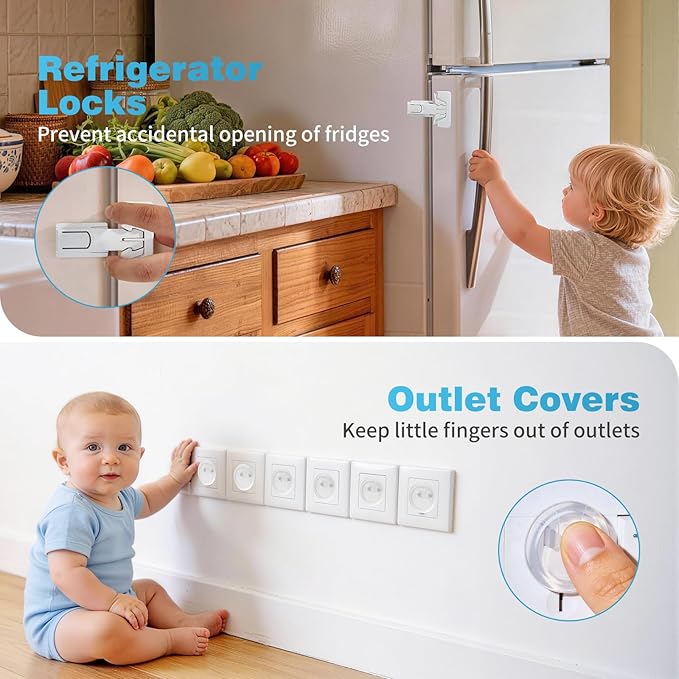Inaya Baby Proofing Kit Advanced Set - Child Safety Hidden Locks for Cabinets & Drawers, Adjustable Safety Latches, Door Lever Locks and Outlet Covers and more - Keep Your Child Safe at Home