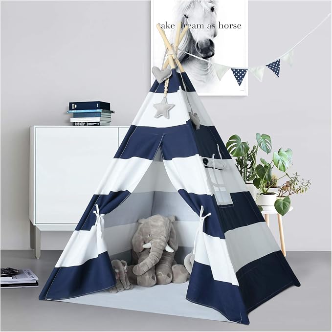 Kids Teepee Tent for Boys Navy White Stripe Teepee Tent Indian Canvas Tents for Toddlers Indoor Playhouse Play Tent for Kids