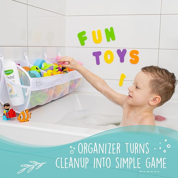 Comfylife Large Bath Toy Organizer ??3 Compartment Bath Toy Holder for Bathtub & Shower ??Quick-Dry Mesh with 4 Strong Adhesive Hooks ??Kids Toys Storage Net for Bathroom, shower & Tub