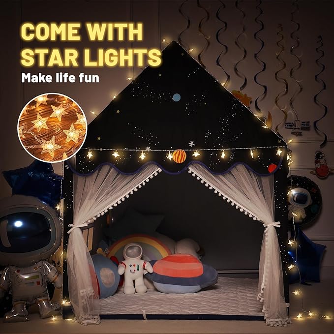 Wilwolfer Space Kids Tent Indoor: with Mat, Star Lights - Kids Play Tent Space Toys - Bedroom Decorations Astronaut Rocket Ship (Black)