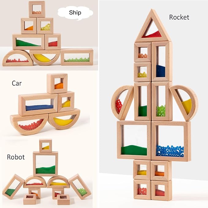 Dinhon 23PCS Sensory Blocks for Toddlers 1-3 & Kids 4-8 - Large Montessori Wooden Building Blocks with Rainbow Colors, Stacking Toys for Boys Girls, Sensory Play & Preschool Learning, Toddler Gift