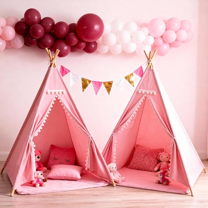 2 Pack Teepee Tent for Kids, Children Play Tents for Girls & Boys Slumber Party, Cotton Canvas Playhouse Sleepover Tent with Pompom & Lights