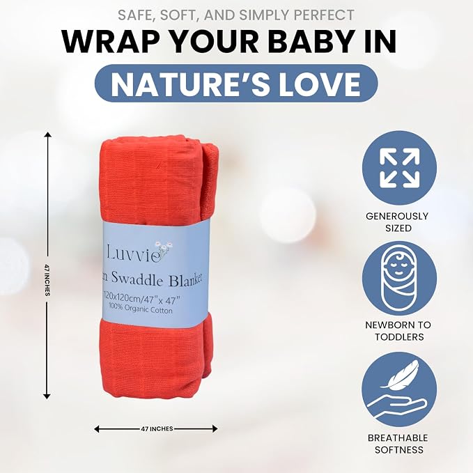 Organic Muslin Swaddle Blankets, 100% Organic Cotton, Baby Wrap for Boys and Girls, Soft Breathable and Skin-Friendly, Newborn Blankets, Baby Essentials, Registry&Gift, 3-Pack, Large 47 x 47 inches
