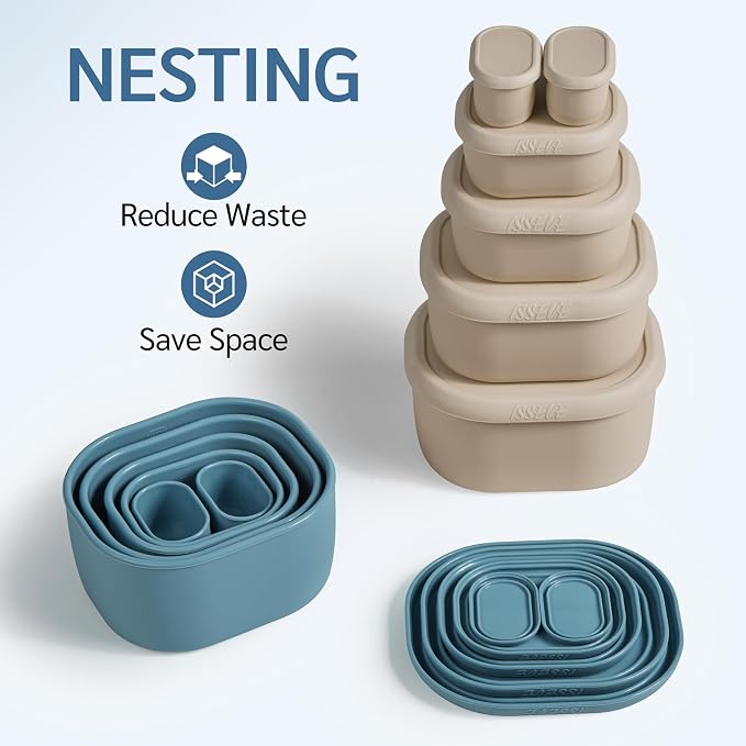 ISSEVE 12Pcs/Set Nesting Silicone Food Storage Containers with Lids, BPA Free Reusable Meal Prep Silicone Containers Airtight, Freezer Dishwasher Safe (33.8oz, 20oz, 10oz, 6.7oz, 1.3oz) (Beige)
