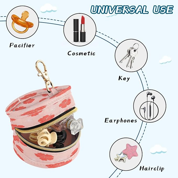 Pacifier Holder Tropical Floral Pacifier Storage Case with Zipper & Metal Hook Buckle Portable Container for Baby Binky