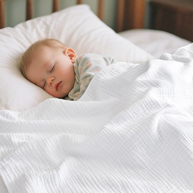 PHF Baby Muslin Swaddle Blanket, 100% Cotton Soft Breathable Receiving Blankets for Boys and Girls, 4-Layer Swaddle Wrap Burping Clothes, Baby Essentials, Large 47 x 47 inches, White