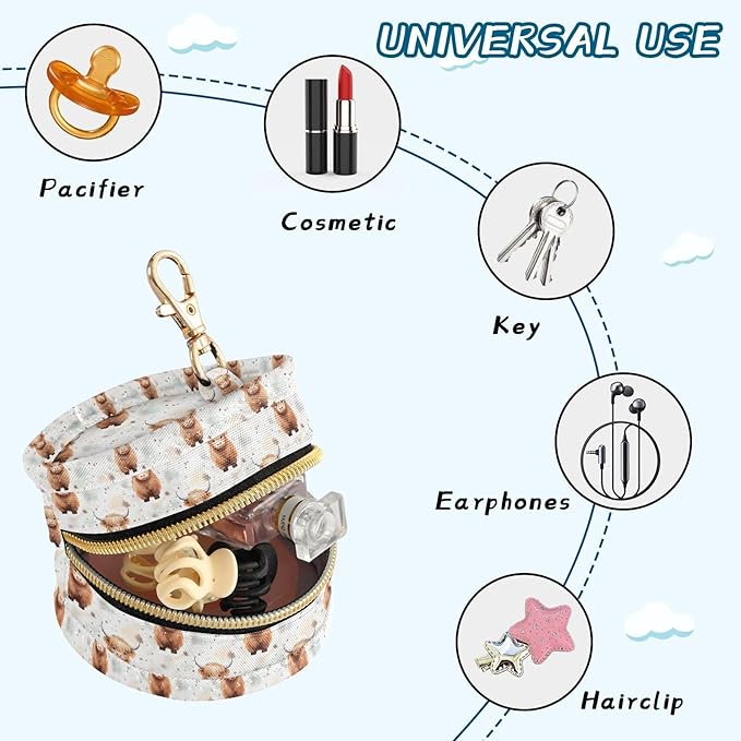 Cute Highland Cow Pattern Portable Baby Pacifier Holder Case with Clip for Stroller Diaper Bag Travel A113321