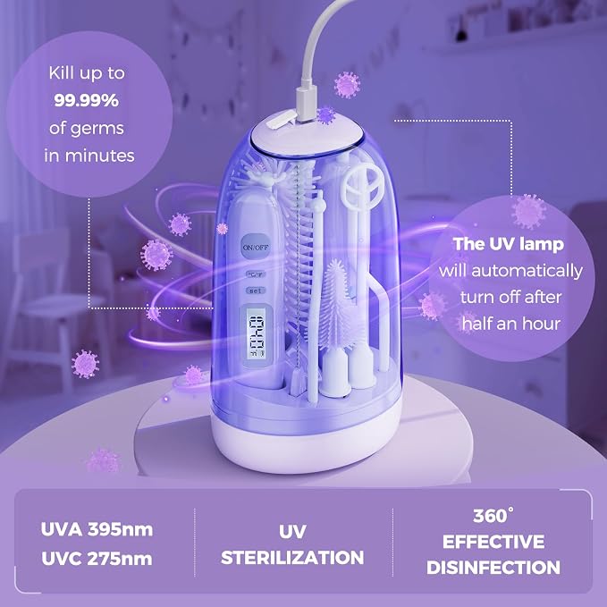 Electric Bottle Brush Cleaner,Rechargable Electric Baby Bottle Brush Cleaner with Thermometer,Silicone Bottle/Nipple/Straw Brush,Drying Rack,Travel Bottle Cleaner Kit for New Moms (Violet)