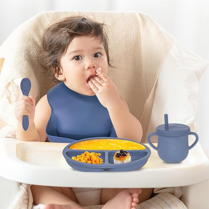 100% Silicone Baby Feeding Set, BPA Free Baby Dishes with Suction Bowl, Divided Plate, Toddler Self Feeding Dish Set with Spoons, Forks, Sippy Cup and Bib, Baby Eating Utensils (Navy Blue)