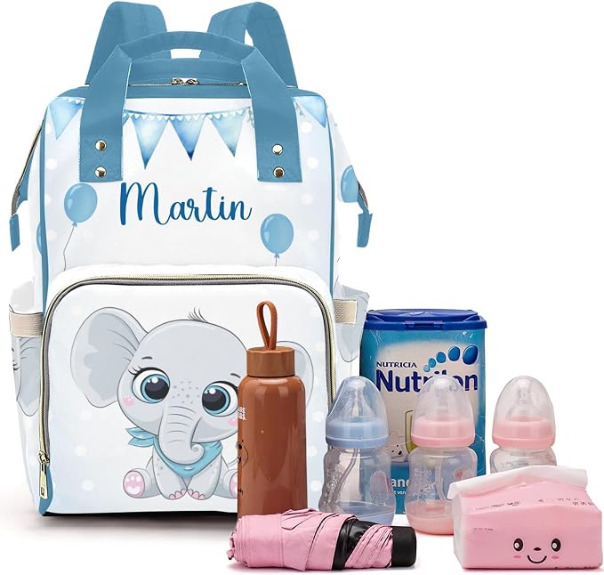 Cute Elephant Large Personalized Diaper Bag Backpack for Baby Boy with Name, Thermal Pockets, Waterproof Custom Baby Bags for Boys, Multi-functional Customized Nappy Bag Mom Travel Daypack