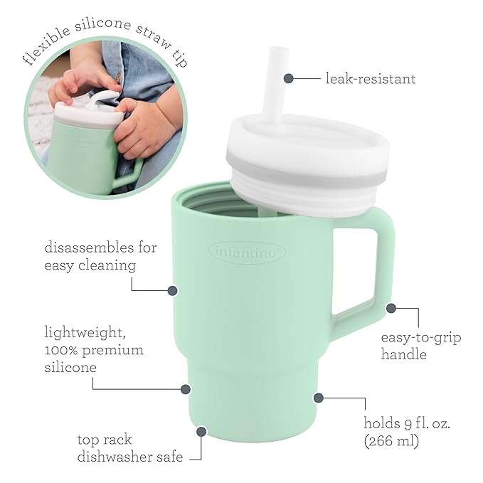 Infantino My 1st Tumbler, 9 Oz. Silicone Sippy Cup with Straw & Handle, Spill-Resistant Baby Cup for On-the-Go, BPA-Free Transition Bottle, Cool Mint