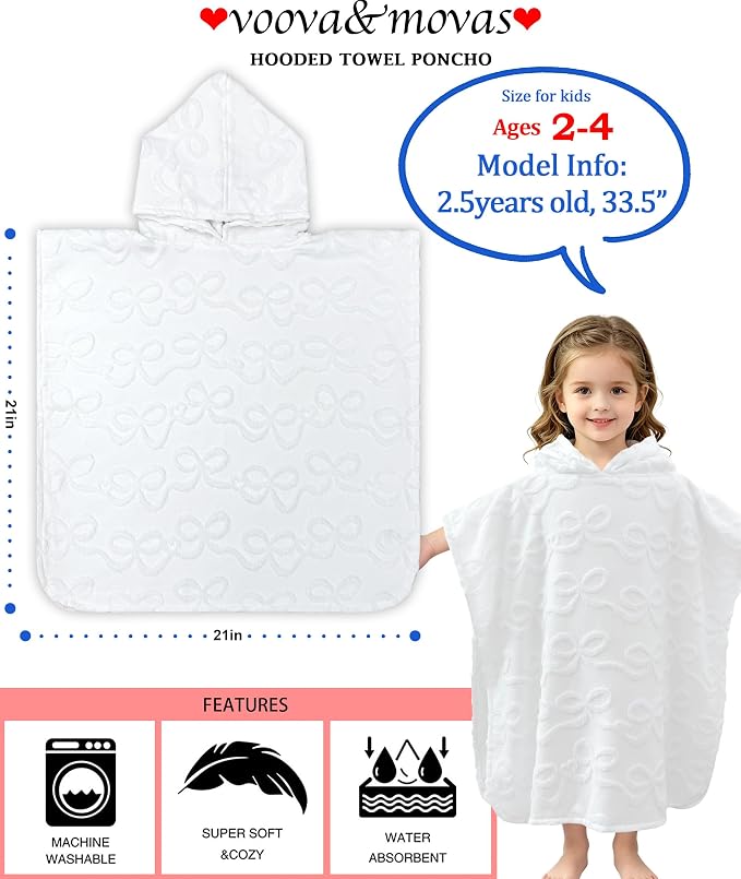 Toddler Beach Towels with Hood, Oversized (2-4Years,21"X21") Made from 100% Soft Cotton,Absorbent Hooded Poncho Towel for Baby Girl,Perfect for Pool | Swimming | Bath | Beach,Jacquard White Bow