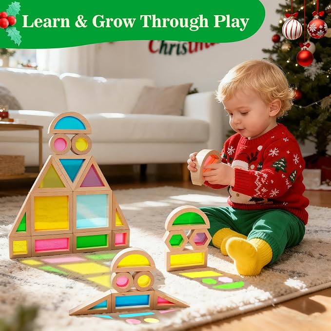 Wooden Building Blocks Set with Colored Acrylic Windows - 32 Pieces - Montessori Light Table Educational Sensory Stacking Toys for Toddlers & Preschoolers Ages 18M+