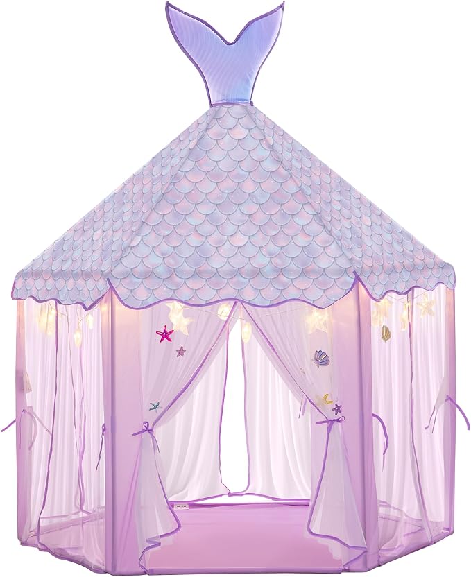 BRINJOY Princess Tent for Girls with Lights, Large Pretend Play Tent Castle w/Carry Bag & Stickers & Detachable Fishtail Top Indoor Outdoor, 67”x55” Ocean-Theme Kids Playhouse Gift for Toddler Age 3+