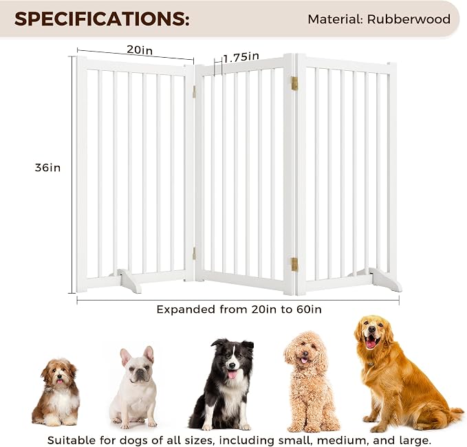 36" H Freestanding Dog Gate, Solid Wood Foldable Pet Gate with Support Feet, Wooden Tall Dog Gate for Doorway, Stairs & Indoor Use, 60" Wide Expandable Pet Fence, 3 Panels, White
