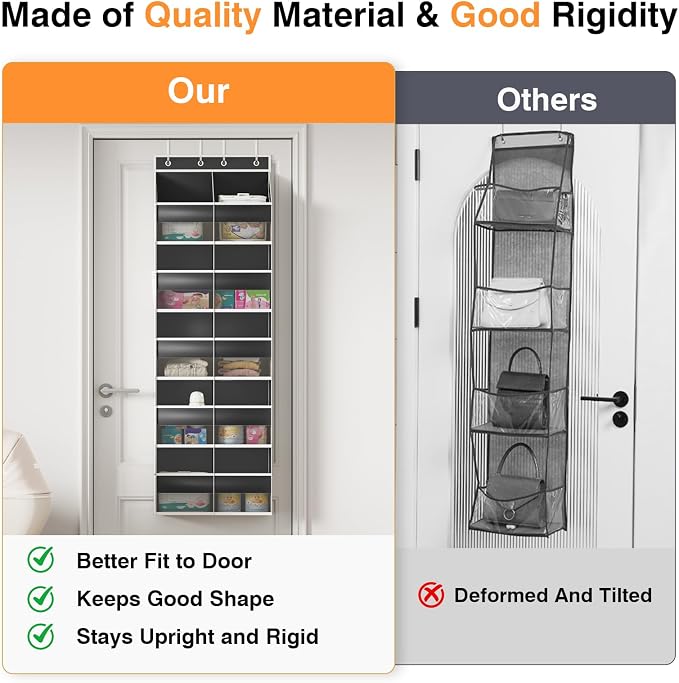 Over the Door Organizer 5 Tiers, Extra Large Behind Door Storage of 10 Big Front 10 Mesh Pockets, 80 lbs Door Organizer Hanging Heavy Duty Over the Door Storag for Closet Bedroom Nursery Pantry Black