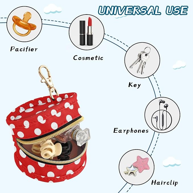 Polka Dot Red Print Pacifier Holder Case with Clip Portable Pacifier Storage Bag for Girls Boys