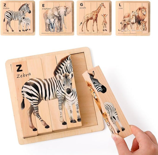 IEATFO 4 in 1 Wooden Animal Chunky Puzzle, 5 Solid Wood Puzzle Blocks with 4 Sides Realistic Safari Animals, Wooden Block Puzzle with Durable Base for Toddlers 3+ Years - Montessori Inspired