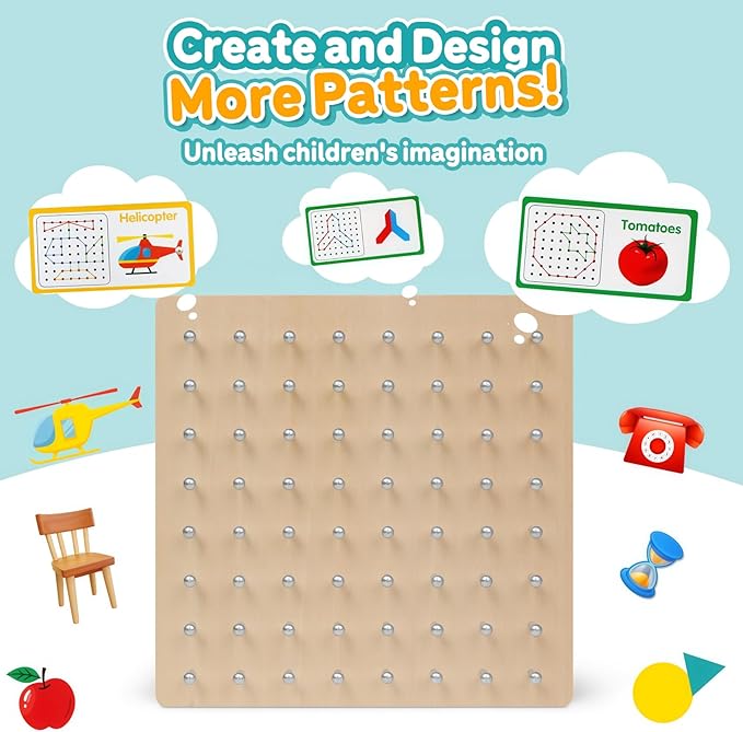 Skrtuan Wooden Geoboard for Kids - Montessori STEM Educational Toy with Pattern Cards & Rubber Bands,Early Fine Motor Skill Learning Shape Puzzle & Brain Teaser Geo Board for Boys Girls Ages 3+
