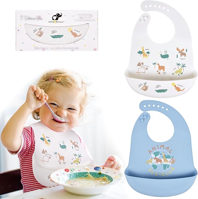 2 Pack Silicone Baby Bibs Adjustable Fit Waterproof Bib With Leak Proof Food Pouch Catcher for Eating Boys Girls