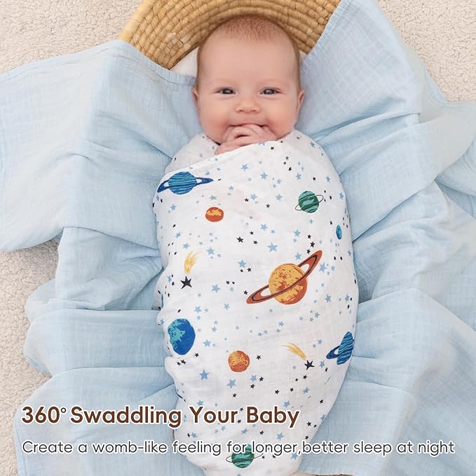david's kids 4 Pack Baby Muslin Swaddle Blankets, 100% Cotton and Ultra Soft Breathable Receiving Blanket Wrap for Boys Girls, New Born Essentials, Large 47 x 47 inches, Space&Stars