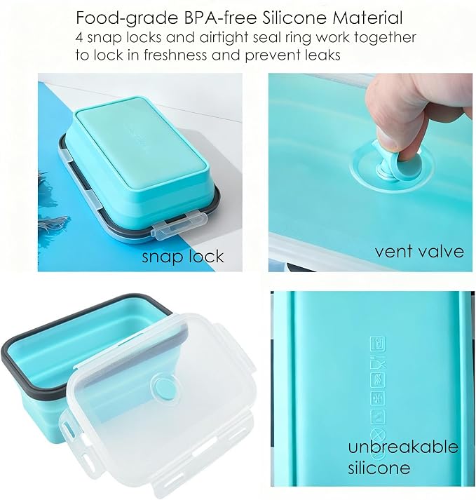 Collapsible Silicone Food Storage Containers: 4Pcs Reusable Foldable Snack Container with Airtight Lids, Freezer Microwave Safe Leakproof Food Containers for Kitchen Office Camping Picnic