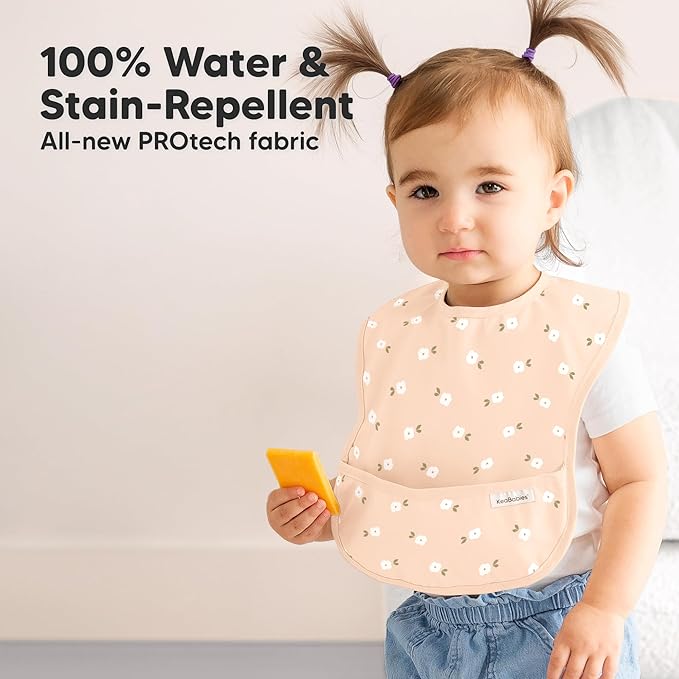 KeaBabies 3-Pack Waterproof Baby Bibs for Eating - Lightweight Toddler Feeding Bibs with Large Food Catcher, Mess Proof, Food-Grade Baby Eating Essentials, Easy to Put On & Clean (Bloom)
