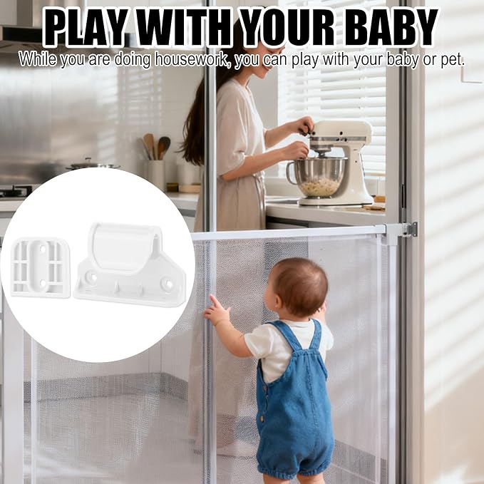 Retractable Baby Safety Gate Replacement Parts Kit, White Baby Safety Gate Hardware Extension Set with 2 Latches 2 Brackets 13 Screws 13 Expansion Tubes
