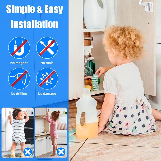 4 Pack Upgraded Version Cabinet Locks Baby Proofing, Children Proof Cupboard Drawers Latches, No Drilling or Tools Required for Installation, Works with Cabinets & Drawers, Adhesive Easy Installation