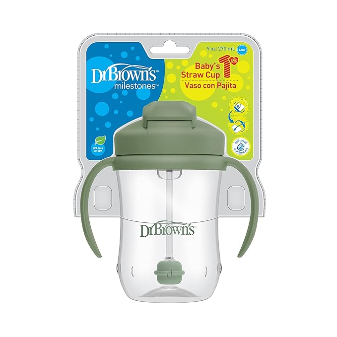 Dr. Brown's Milestones Baby's First Straw Cup, Training Cup with Weighted Straw, 9 oz/270 mL, BPA-free, 6m+, Dark Blue/Olive Green, 2-Pack