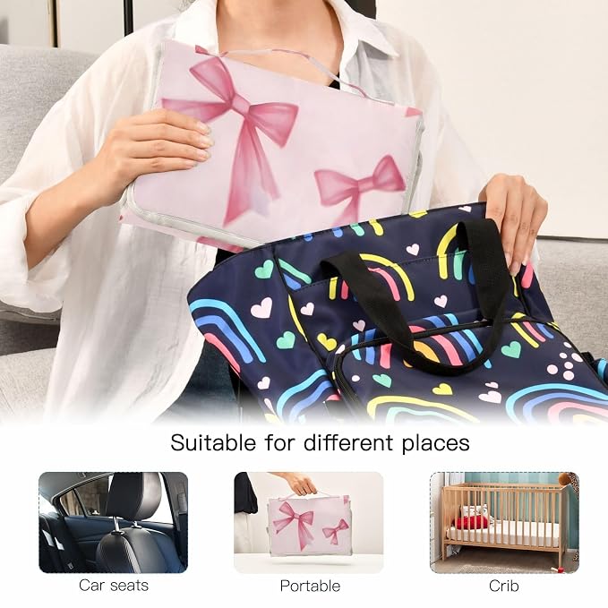 Portable Diaper Changing Pad Foldable Baby Changing Mat with Built-in Pillow Waterproof Changing Pad for Newborn Girls Boys Bow